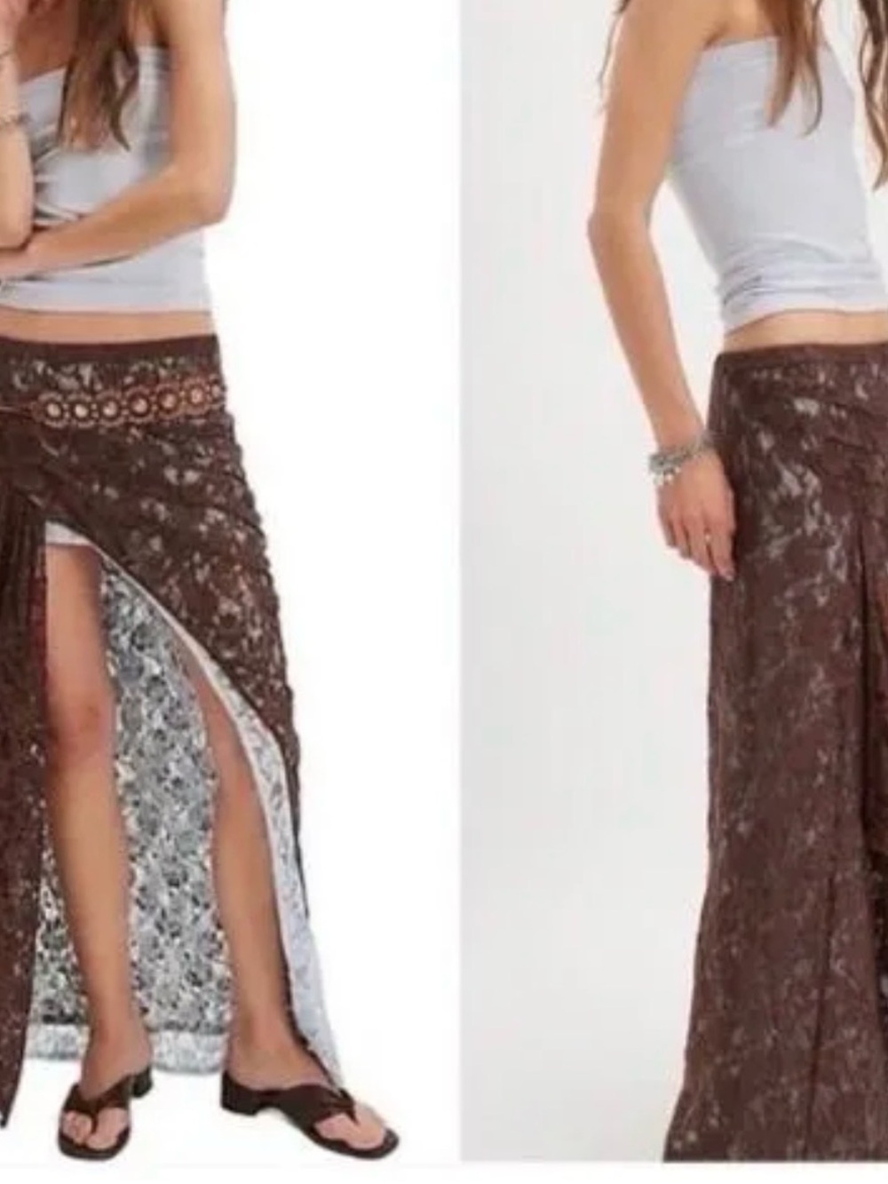 Free People Brown Crochet Lace Maxi Skirt with Side Slit
